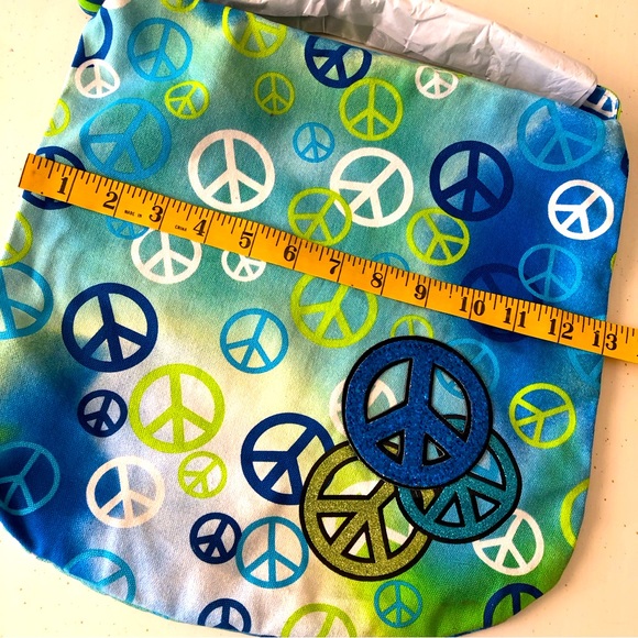 Blue Green Peace Sign Cotton Canvas Crossbody Shoulder Bag Bohemian Hippie Bag - Picture 6 of 14